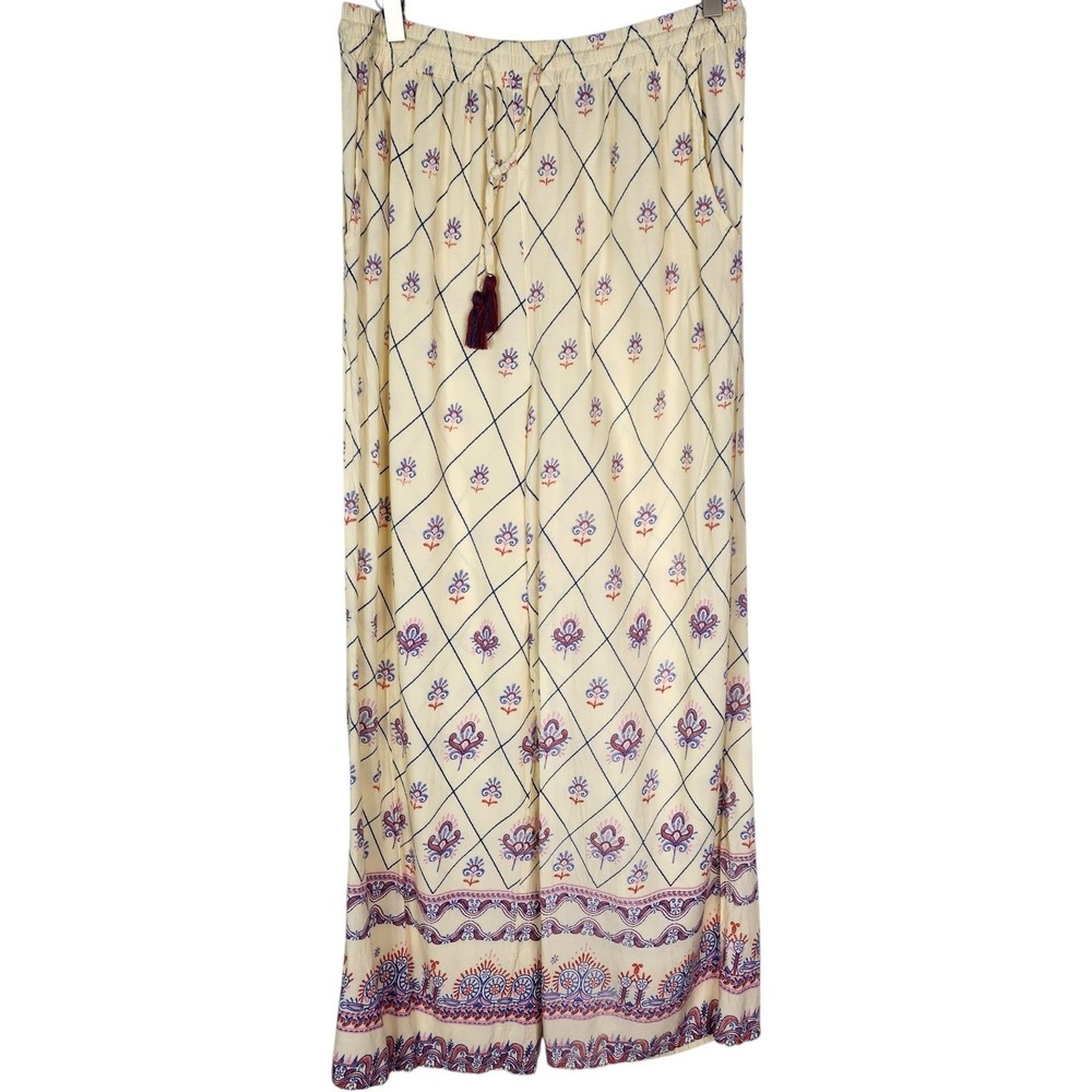 RAGA Juanita Pants Womens Large Yellow Boho Crepe Drawstring Ankle Wide Palazzo‎